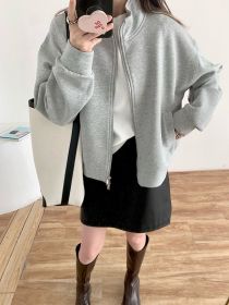 New Loose Casual High Density Space Cotton Double Zipper Stand Collar Jacket (Option: Melange Gray-Free Size)