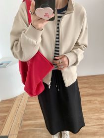 New Loose Casual High Density Space Cotton Double Zipper Stand Collar Jacket (Option: Milky Tea Apricot-Free Size)