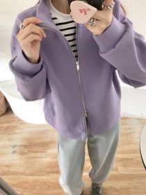 New Loose Casual High Density Space Cotton Double Zipper Stand Collar Jacket (Option: Taro Purple-Free Size)