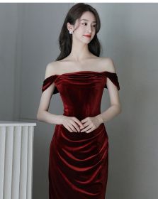 Velvet Niche Fishtail Bride Wedding Engagement Dress (Option: Red-S)